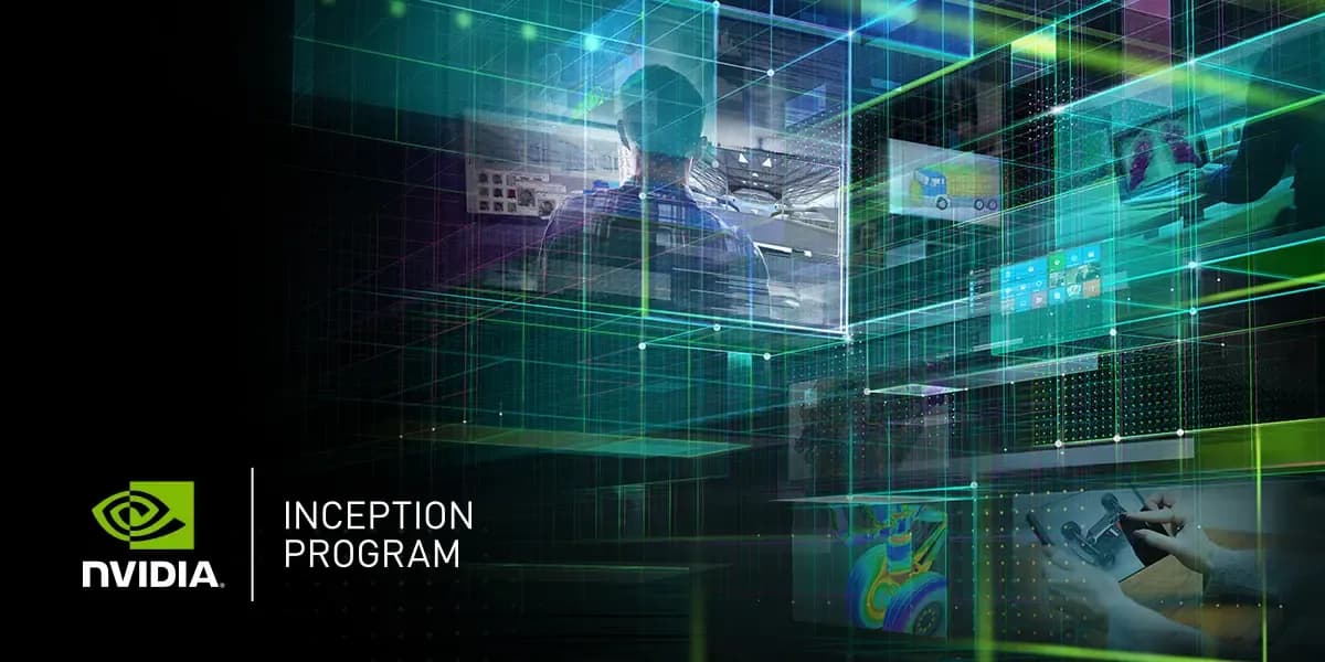 NVIDIA Inception Program logo on futuristic neon lines background intersecting with photos of new technologies.